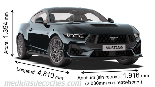 Medidas Ford Mustang 2024 con dimensiones de longitud, anchura y altura