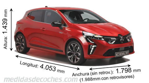 Medidas Mitsubishi COLT 2024 con dimensiones de longitud, anchura y altura