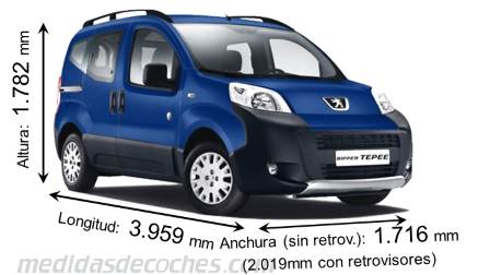 Medidas Peugeot Bipper Tepee 2012 con dimensiones de longitud, anchura y altura