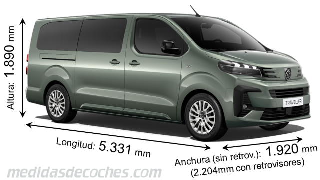 Medidas Peugeot Traveller Larga 2024 con dimensiones de longitud, anchura y altura