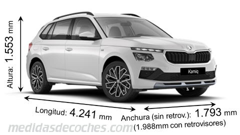 Medidas Skoda Kamiq 2024 con dimensiones de longitud, anchura y altura